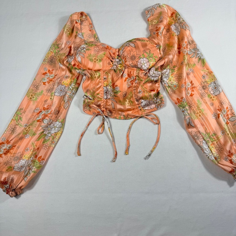 Madden NYC Floral Crop Top XS Peach Orange Long Sleeve Ruched Sweetheart‎ Padded